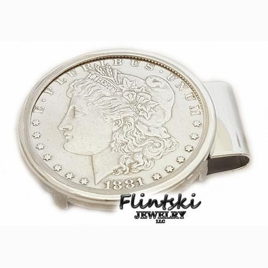 Morgan Silver Dollar Hinged Back Money Clip Sterling Silver and Rhodium Plated