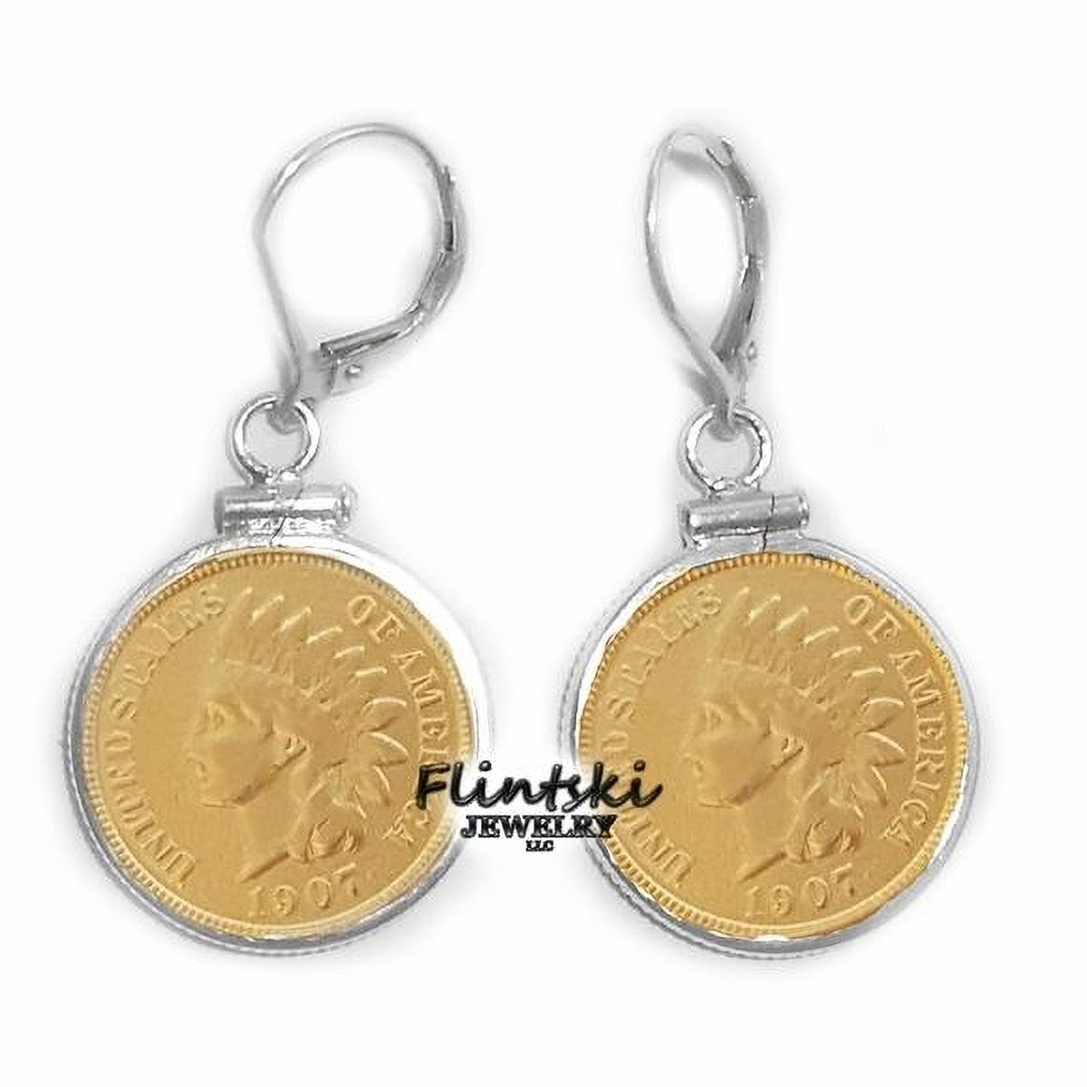 14k Yellow Gold Plated Indian Head Penny Coin Earrings Sterling Silver
