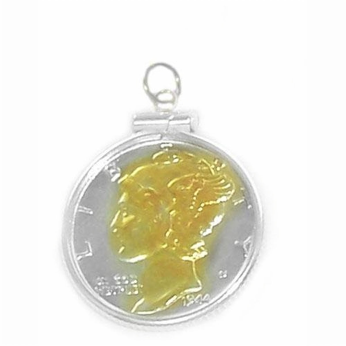 14k Yellow Gold Highlighted Mercury Dime Coin Charm Sterling Silver