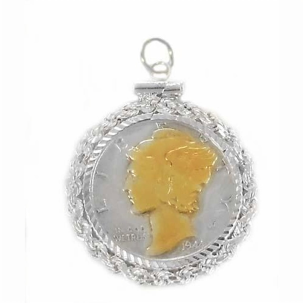 14k Yellow Gold Highlighted Mercury Dime Coin Charm Sterling Silver