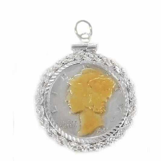 14k Yellow Gold Highlighted Mercury Dime Coin Charm Sterling Silver