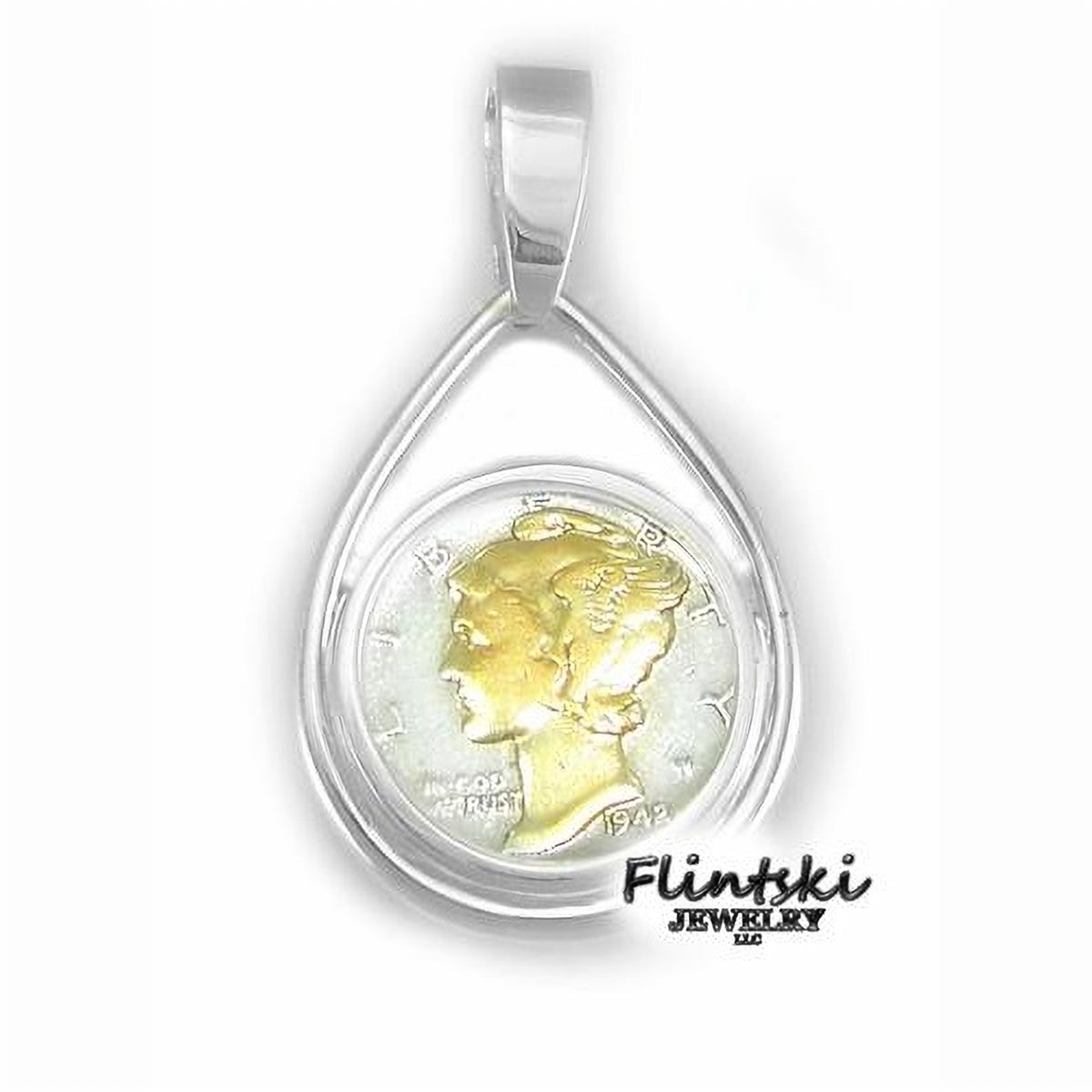 14k Yellow Gold Highlighted Mercury Dime Coin Pendant Sterling Silver