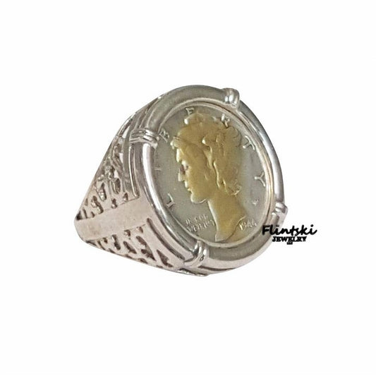 24k Gold Highlighted Mercury Dime Coin Ring Unisex Sterling Silver Filigree Style