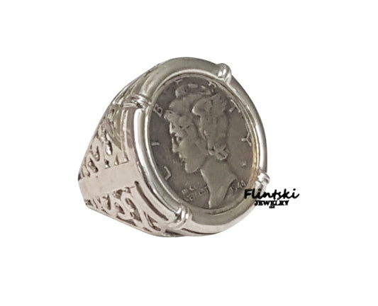 Mercury Dime Coin Ring Unisex Sterling Silver Filigree Style - 8