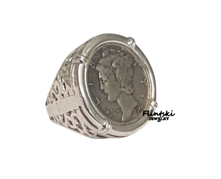 Mercury Dime Coin Ring Unisex Sterling Silver Filigree Style - 10