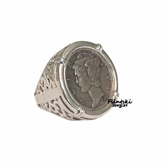 Mercury Dime Coin Ring Unisex Sterling Silver Filigree Style