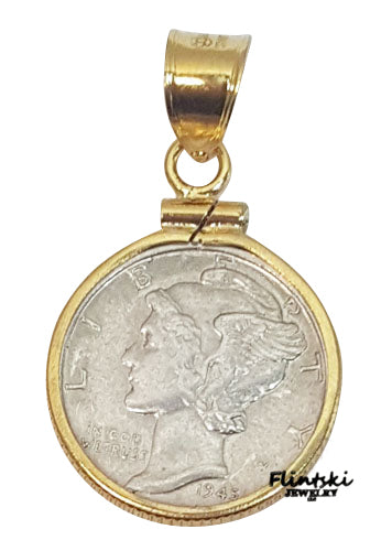 Mercury Dime Coin Pendant Yellow Gold Filled - Rope