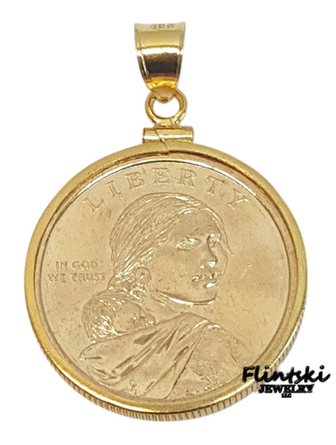 Sacagawea Gold Dollar Coin Pendant Sterling Silver - Rope