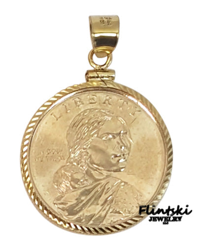 Sacagawea Gold Dollar Coin Pendant Sterling Silver - Diamond Cut