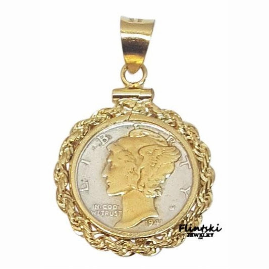 14k Yellow Gold Highlighted Mercury Dime Coin Pendant Yellow Gold Filled