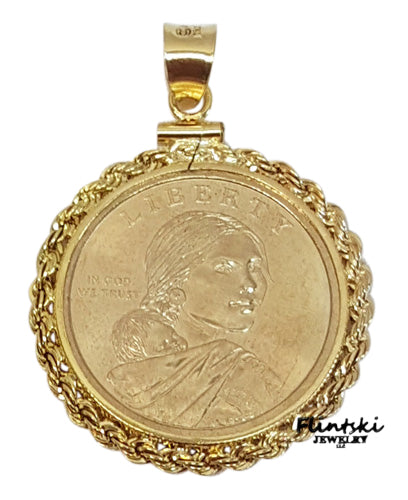 Sacagawea Gold Dollar Coin Pendant Yellow Gold Filled - Diamond Cut