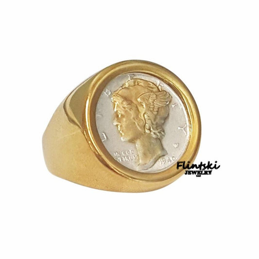 14k Yellow Gold Highlighted Mercury Dime Coin Ring Unisex 24k Gold Plated