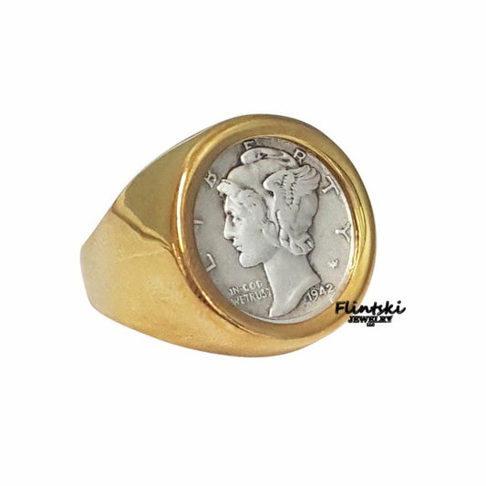 Mercury Dime Coin Ring Unisex 24k Gold Plated