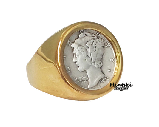 Mercury Dime Coin Ring Unisex 24k Gold Plated - 11