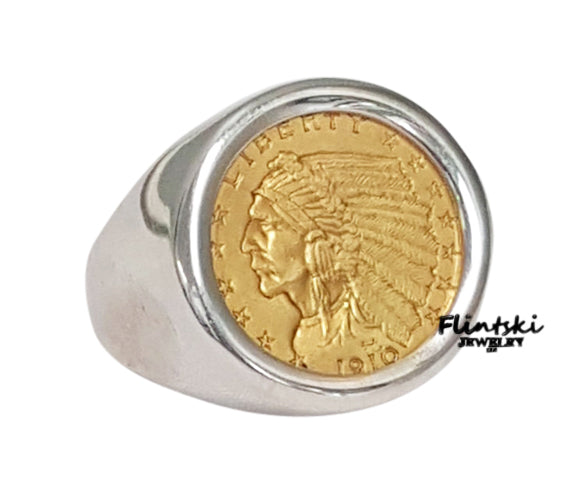 $2.50 Gold Indian Coin Ring Unisex Sterling Silver High Polished Smooth - 7.5