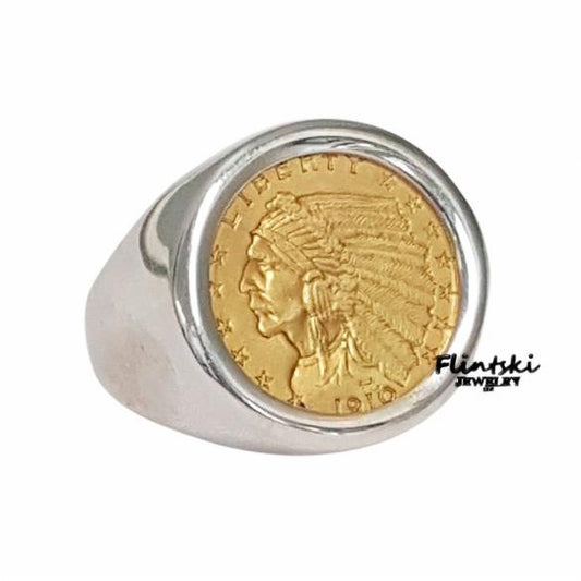 $2.50 Gold Indian Coin Ring Unisex Sterling Silver High Polished Smooth
