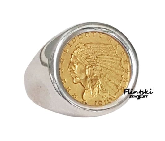 $2.50 Gold Indian Coin Ring Unisex Sterling Silver High Polished Smooth - 8