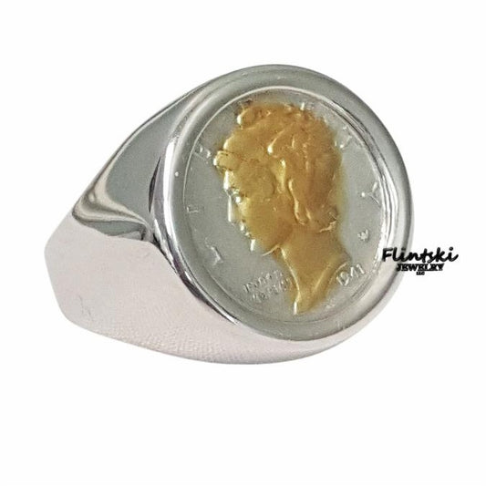 24k Gold Highlighted Mercury Dime Coin Ring Unisex Sterling Silver High Polished Smooth