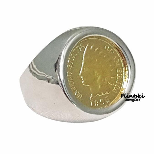 14k Yellow Gold Plated Indian Head Penny Coin Ring Unisex Sterling Silver High Polished Smooth