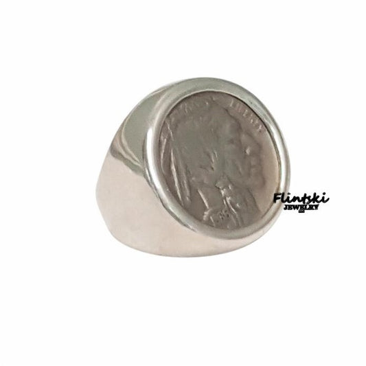 Indian Head Nickel Coin Ring Unisex Sterling Silver High Polished Smooth
