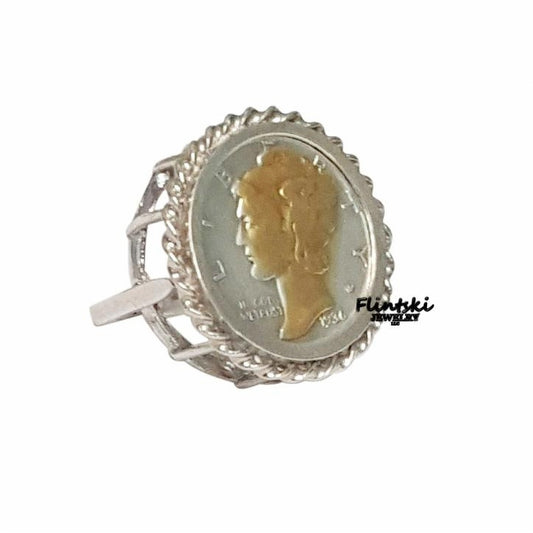 24k Gold Highlighted Mercury Dime Coin Ring Ladies Sterling Silver High Rise