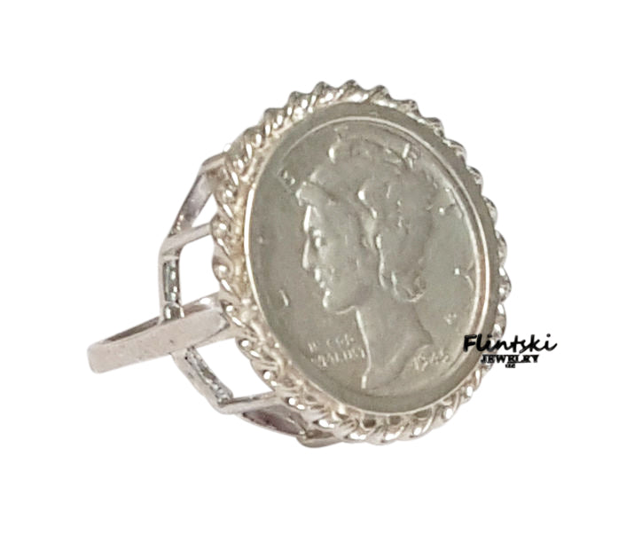 Mercury Dime Coin Ring Ladies Sterling Silver High Rise - 11