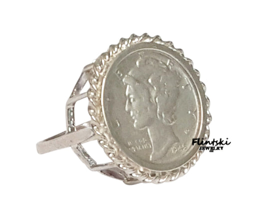 Mercury Dime Coin Ring Ladies Sterling Silver High Rise - 8