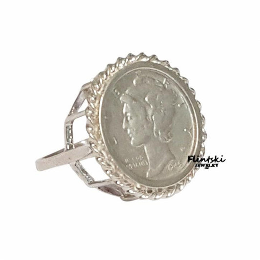 Mercury Dime Coin Ring Ladies Sterling Silver High Rise