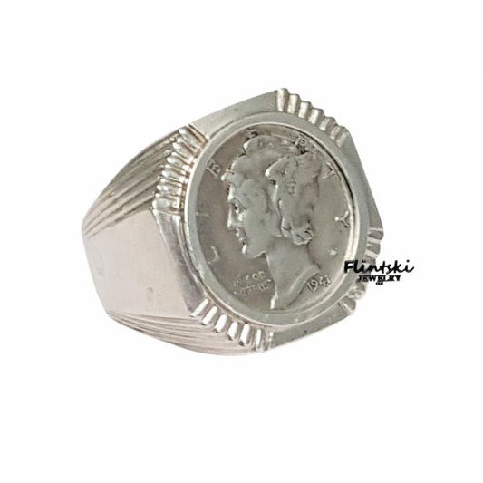 Mercury Dime Coin Ring Mens Sterling Silver Octagon Style