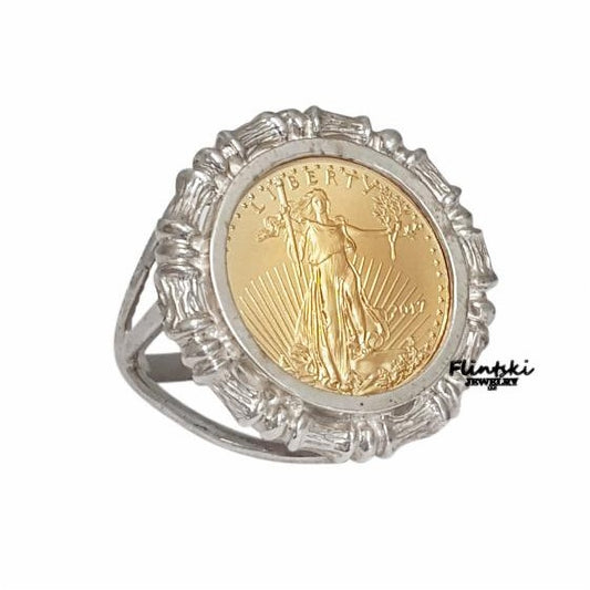 1/10th oz $5 Gold Eagle Coin Ring Ladies Sterling Silver Bamboo Style