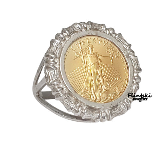 1/10th oz $5 Gold Eagle Coin Ring Ladies Sterling Silver Bamboo Style - Without Coin 9