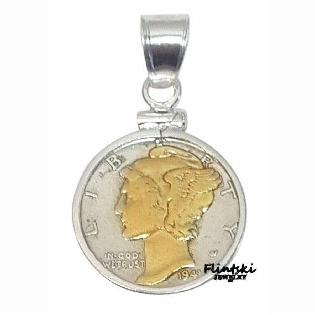 14k Yellow Gold Highlighted Mercury Dime Coin Pendant Sterling Silver