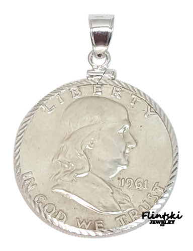 Franklin Half Dollar Diamond Cut Coin Pendant Sterling Silver