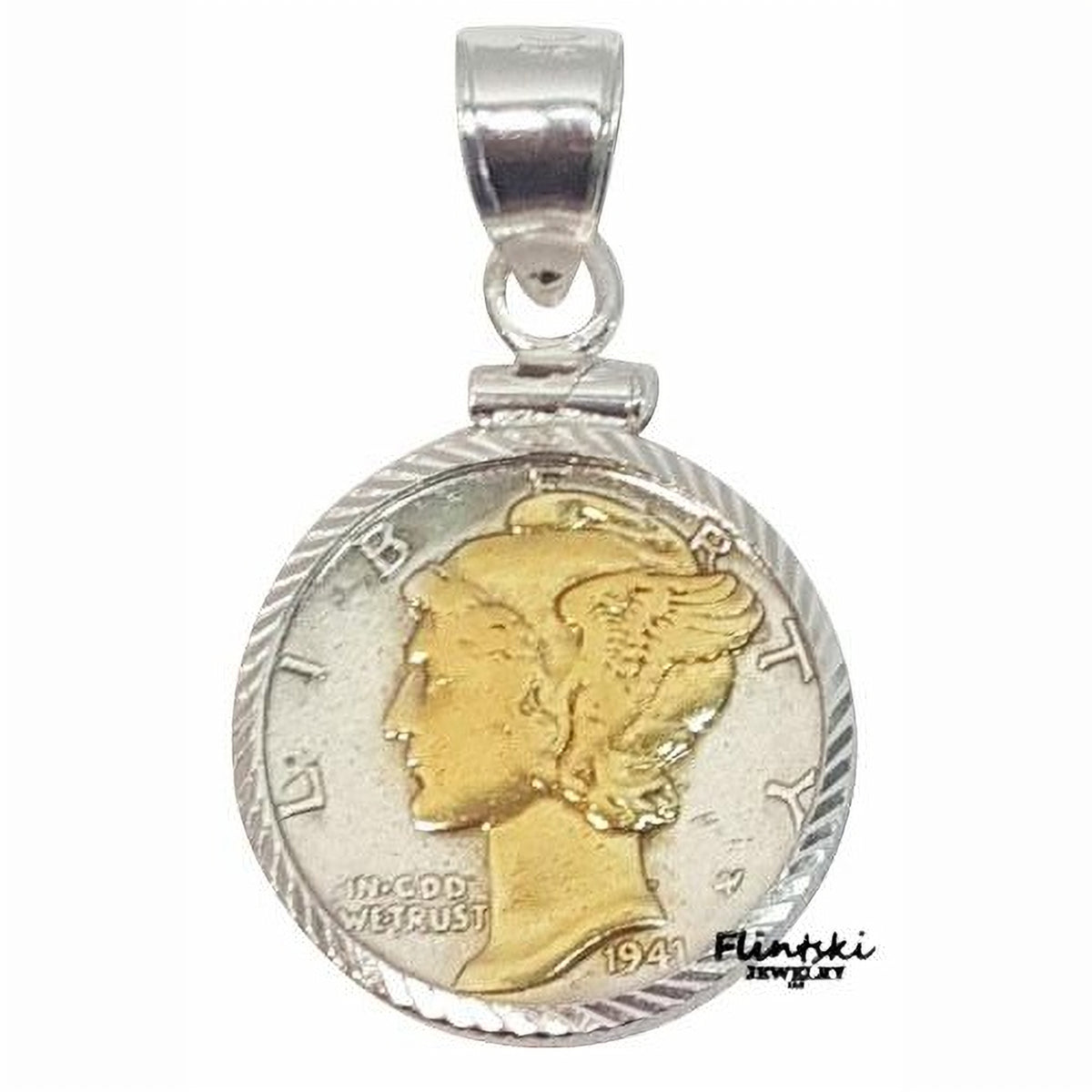 14k Yellow Gold Highlighted Mercury Dime Coin Pendant Sterling Silver