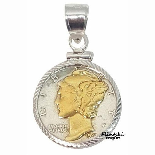 14k Yellow Gold Highlighted Mercury Dime Coin Pendant Sterling Silver