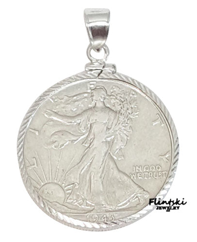 Walking Liberty Half Dollar Diamond Cut Coin Pendant Sterling Silver - 1934