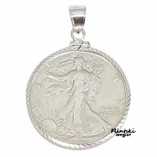 Walking Liberty Half Dollar Diamond Cut Coin Pendant Sterling Silver