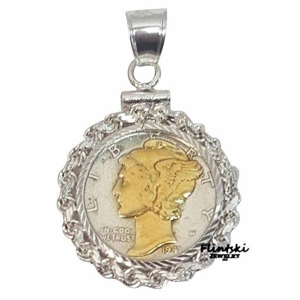 14k Yellow Gold Highlighted Mercury Dime Coin Pendant Sterling Silver