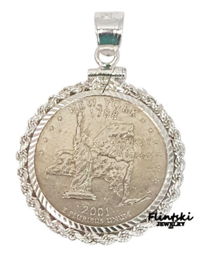US Statehood Quarter Coin Pendant Sterling Silver - Rope