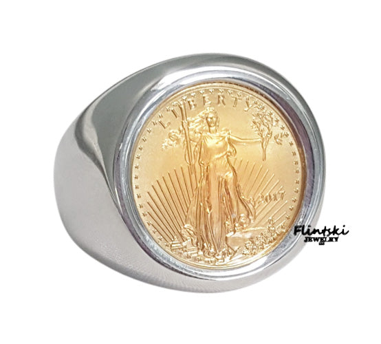 1/10th oz $5 Gold Eagle Coin Ring Unisex Sterling Silver High Polished Smooth - 7