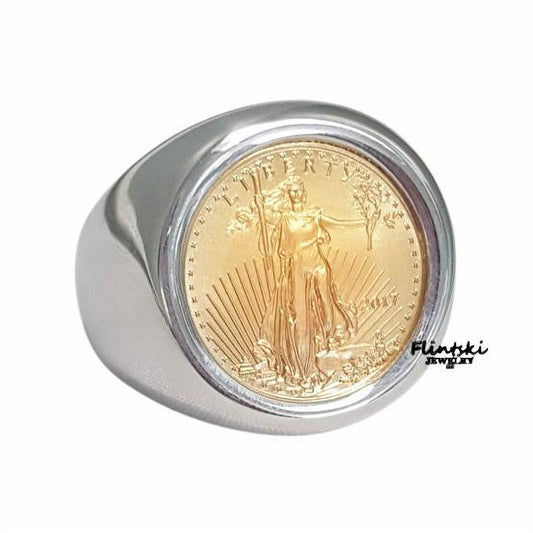 1/10th oz $5 Gold Eagle Coin Ring Unisex Sterling Silver High Polished Smooth