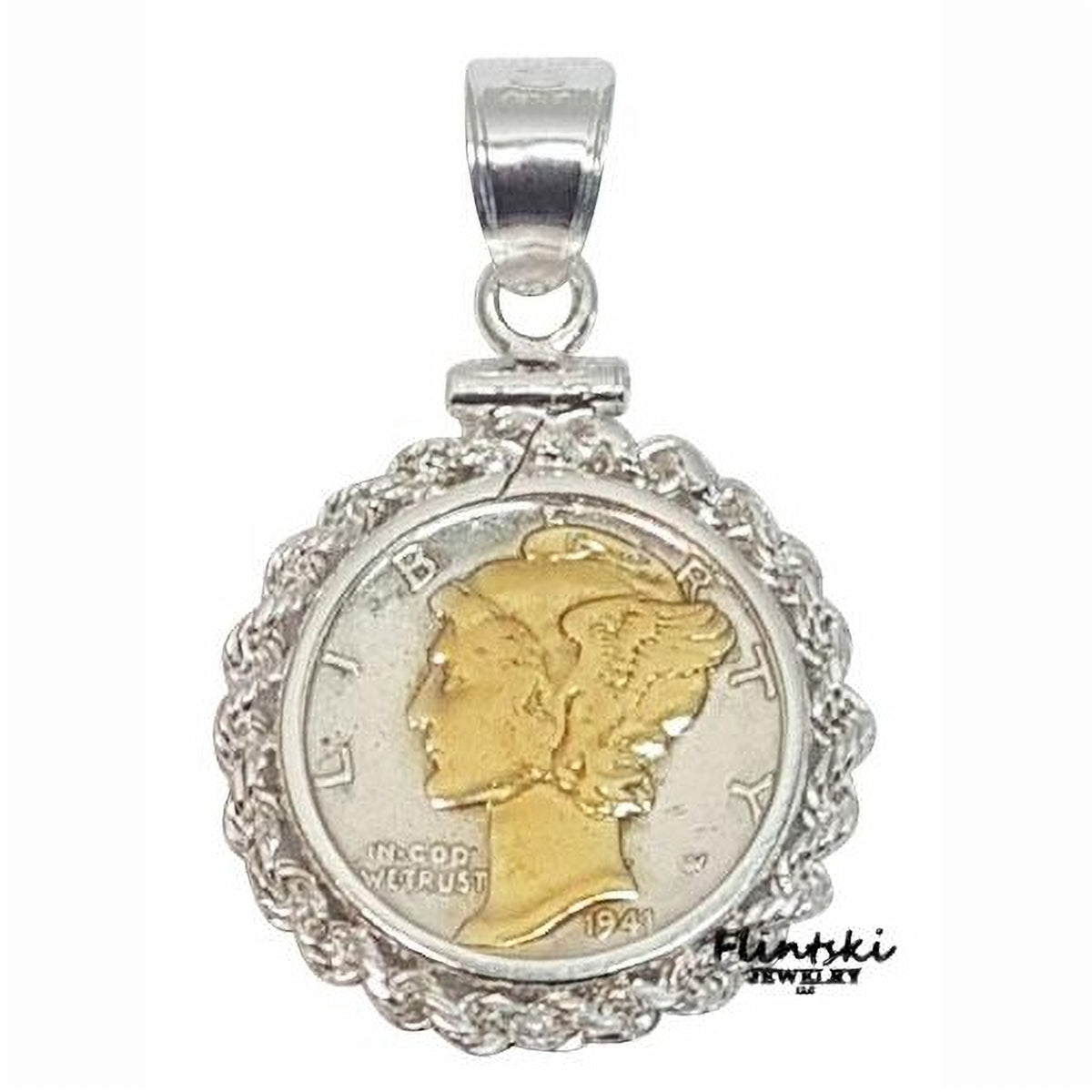 14k Yellow Gold Highlighted Mercury Dime Coin Pendant Sterling Silver