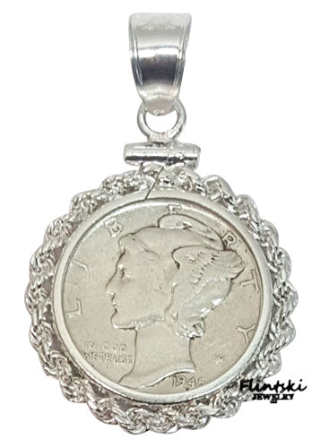 Mercury Dime Coin Pendant Sterling Silver - Diamond Cut