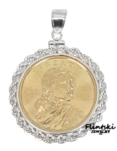 Sacagawea Gold Dollar Coin Pendant Yellow Gold Filled - Rope