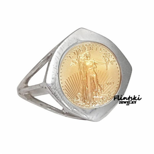 1/10th oz $5 Gold Eagle Coin Ring Ladies Sterling Silver Triangle Style