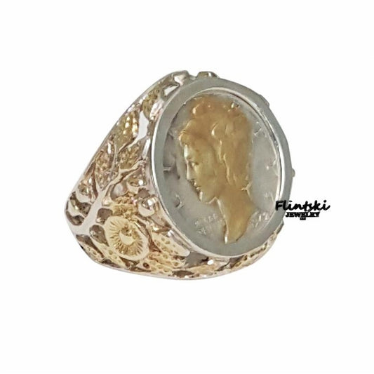 24k Gold Highlighted Mercury Dime Coin Ring Unisex Sterling Silver with 14k Yellow Gold Plating Filigree Style