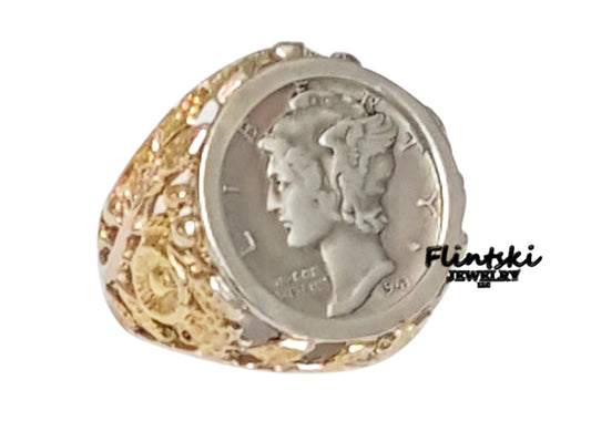 Mercury Dime Coin Ring Unisex Sterling Silver with 14k Yellow Gold Plating Filigree Style - 15