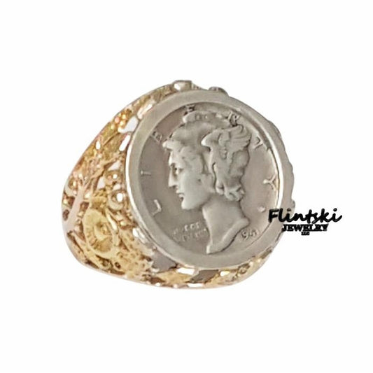 Mercury Dime Coin Ring Unisex Sterling Silver with 14k Yellow Gold Plating Filigree Style