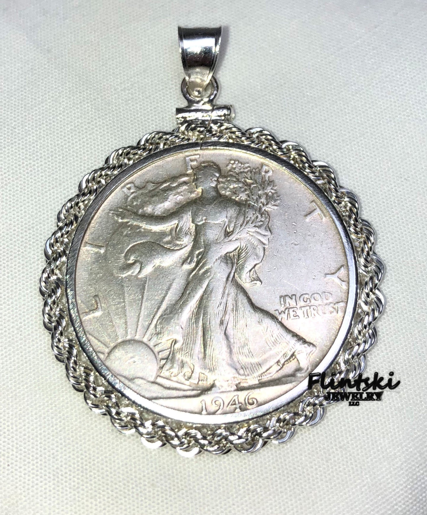 Walking Liberty Half Dollar Rope Coin Pendant Sterling Silver - 1941