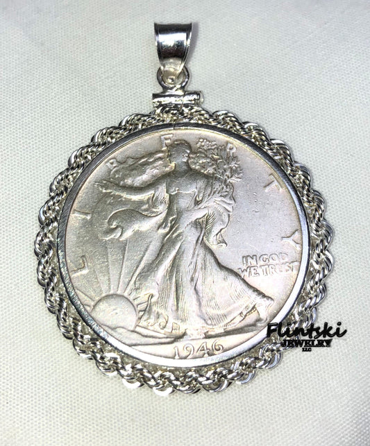 Walking Liberty Half Dollar Rope Coin Pendant Sterling Silver - 1944